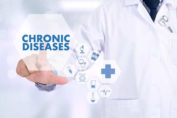 Doctor pointing to the words "Chronic Illness" and various images related to healthcare